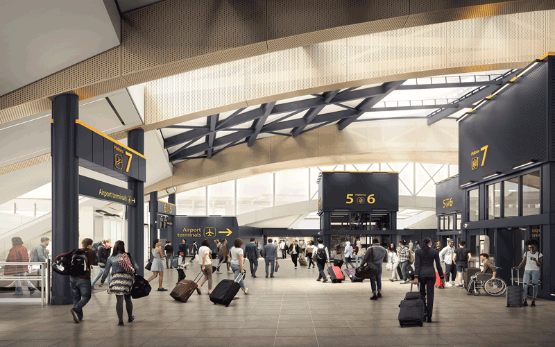 a CGI render of Gatwick Airport train station interior redevelopment plan